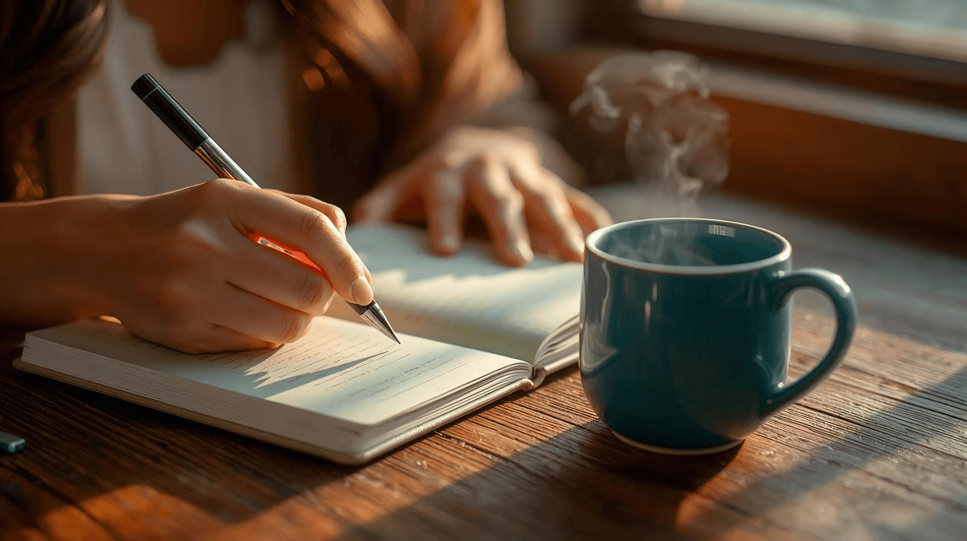 Una persona escribiendo en un diario como símbolo de introspección y bienestar.